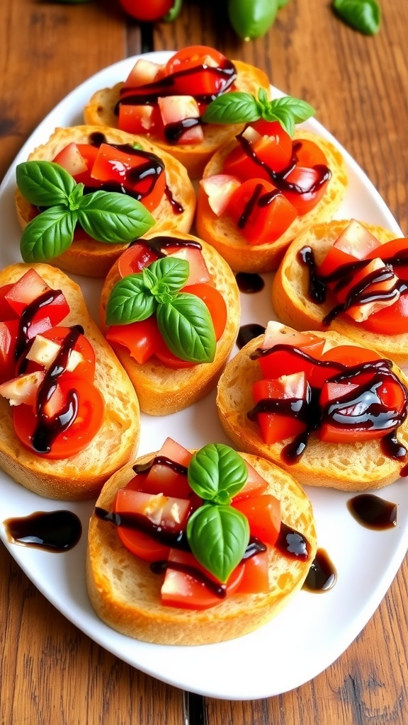 Golden-brown bruschetta topped with tomatoes and basil on a rustic platter.